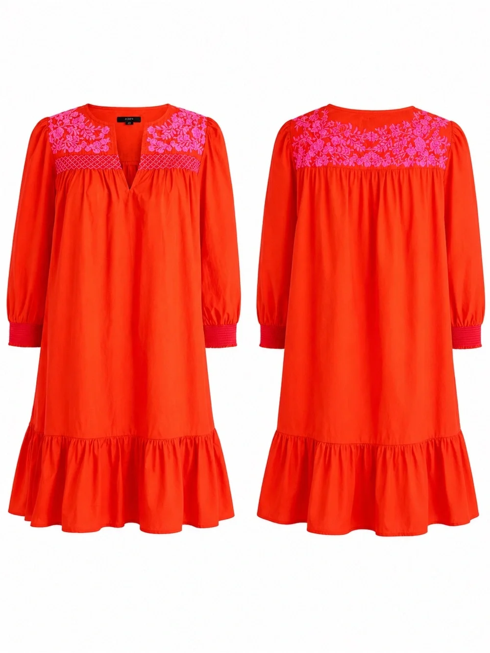 J.Crew Leda Embroidered Popover Dress XS Red Pink Floral Cotton Ruffle Pockets